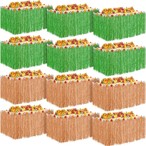 Vista 7 de Juexica Paquete de 8 faldas de mesa de hierba Luau de 9 x 30 pulgadas, falda de mesa hawaiana de flores de hibisco sintético, decoraciones de fiesta