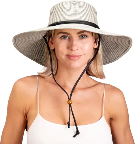 Vista 8 de Sloggers Sombrero de sol trenzado de ala ancha para mujer con cordón de viento, protección solar máxima UPF 50+ Marrón claro