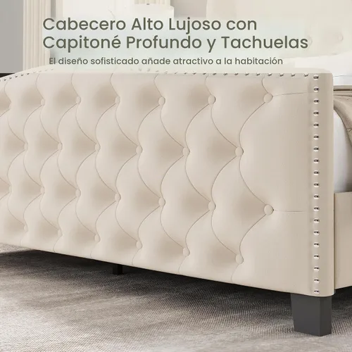 Vista 5 de LARMACE Base de cama tamaño Queen con tapizado de terciopelo, cama de plataforma con cabecera y pie de ala, base de cama con botones profundos