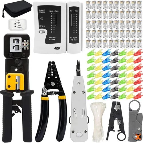 Vista 8 de LEATBUY Juego de crimpadoras CAT5 CAT6 RJ45, herramienta de crimpado Cat5e, 50 conectores, 50 cubiertas, probador de cables LAN de red, pelacables