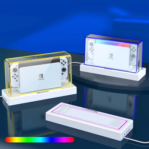 Vista 2 de Mooroer Dust Cover with 16 LED Colors Light Base for Nintendo SwitchOLED, Acrylic Clear Display Box Anti-Scratch Waterproof Slim Dock Case, Cool