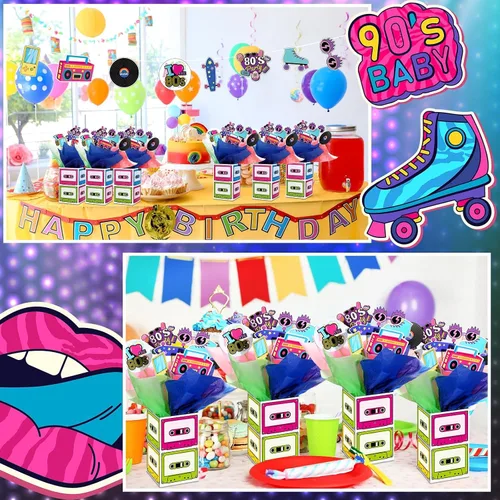 Vista 5 de 6 juegos de decoraciones retro de los años 80 para fiestas de los 80, centros de mesa retro de hip hop con caja de cinta de casete recortes y palos