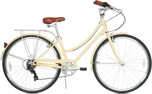 Vista 2 de MICARGI Kansans Beach Cruiser Bike - Empuñaduras de cuero de 7 velocidades y cojín de asiento V-Brake para adultos Vainilla