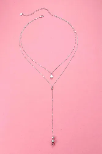 Vista 2 de Collar de doble capa de plata esterlina S925 en forma de Y Lariat collar de cadena larga para mujeres y niñas