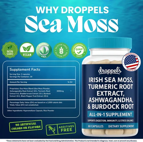 Vista 4 de Droppels Cápsulas de musgo marino irlandés con raíz de cúrcuma, Ashwagandha, pimienta negra y raíz de bardana, mezcla mineral natural para apoyo