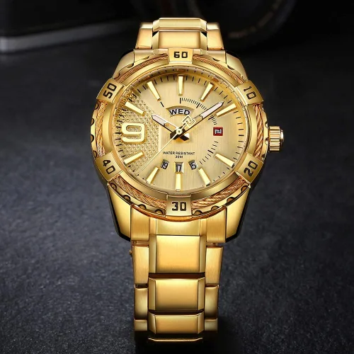 Vista 5 de FANMIS Reloj analógico de lujo para hombre, con fecha de cuarzo, impermeable, de acero inoxidable, Oro, Reloj de cuarzo