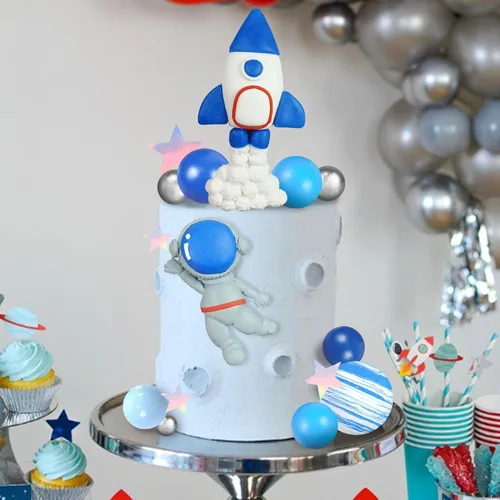Vista 6 de Decoración para tartas espaciales de arcilla: figuras de astronauta, bolas de cohete, estrellas, decoraciones temáticas de espacio para niños