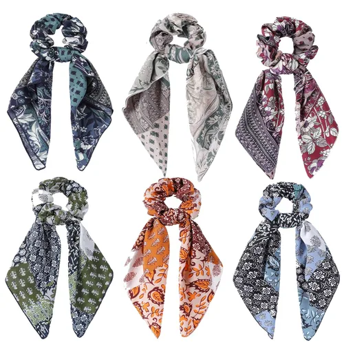 Vista 10 de Bufanda para el cabello, coleta de caballo con 6 bufandas, estampado de flores de cachemira, material de gasa, para mujeres y niñas, accesorios