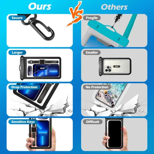 Vista 3 de Paquete de 4 fundas impermeables grandes para teléfono de 10.5" - Soporte transparente para celular bajo el agua - Bolsa seca universal a prueba