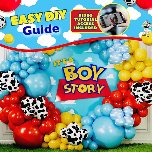 Vista 4 de Kit de arco de globos ALL-IN-1 Toy Story para decoración temática de baby shower de It's A Boy Story – Kit de guirnalda de globos Toy Story con Nube