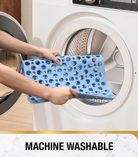Vista 7 de HITSLAM Tapete antideslizante de elastómero termoplástico suave para bañera, drenaje eficiente con ventosas, fácil de limpiar, 28 x 15 pulgadas, Azul