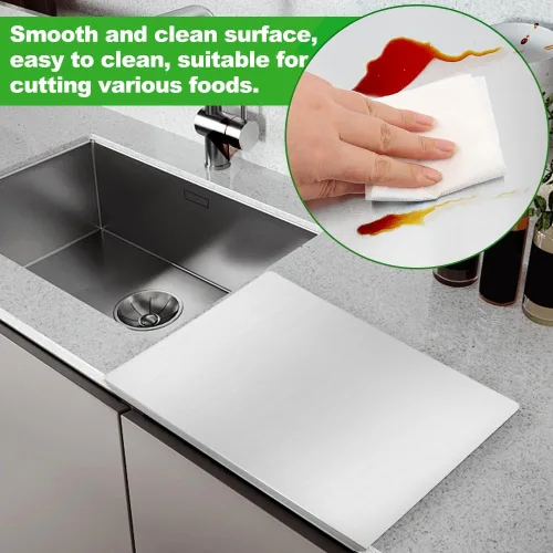 Vista 14 de Tablas de cortar de acero inoxidable con borde para cocina, tabla de cortar de metal, tabla de cortar grande de mostrador para carne, frutas