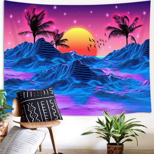 Vista 2 de JAWO Tapiz pequeño retro neón Trippy para hombres, fresco sol de montaña de los años 70 y 80, decoración de habitación estética, tapiz colgante