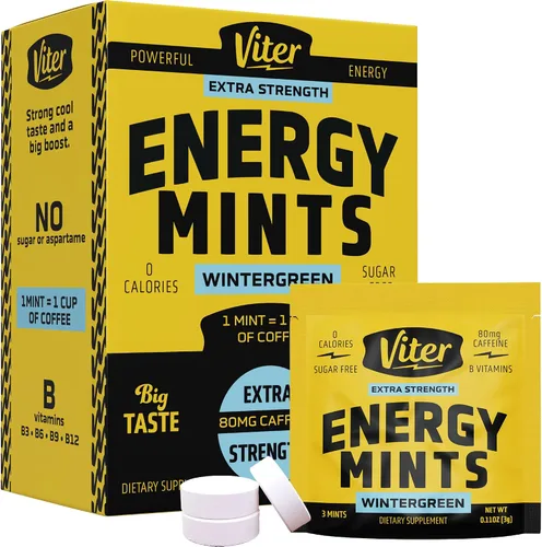 Vista 10 de Viter Energy Mentas Cafeinadas 80mg de Fuerza Extra - 90 Piezas Cafeinadas con Vitaminas B. Menta Vegana Sin Azúcar. Potenciador de Enfoque