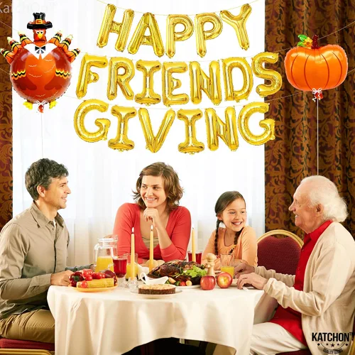 Vista 5 de KatchOn Juego de globos y pancartas de Happy Friendsgiving – Grande de 16 pulgadas, paquete de 3 Globos de pavo y calabaza Cartel de regalo