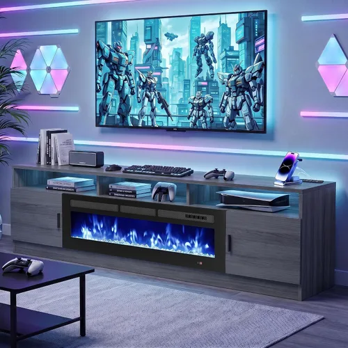 Vista 13 de MXV - Soporte de TV con chimenea de 70 pulgadas con toma de corriente para televisores de hasta 80 pulgadas, centro de entretenimiento con chimenea
