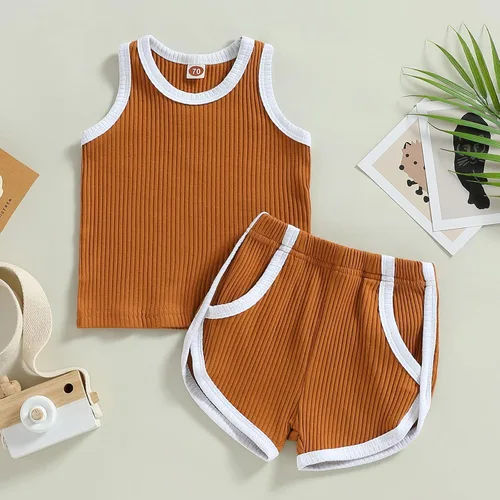 Vista 4 de Hoanselay Conjunto de pantalones cortos de verano para bebé, niña, niño, camiseta sin mangas y pantalones cortos casuales, conjunto de 2 piezas