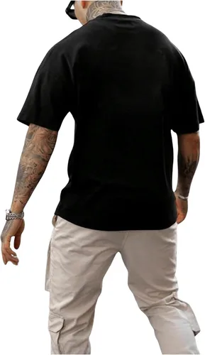 Vista 2 de GORGLITTER Camiseta de manga corta con cuello redondo para hombre, casual, hombros caídos, camiseta de gran