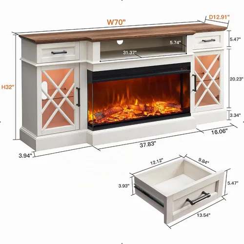 Vista 7 de OKD - Mueble de TV de estilo granja con chimenea, soporte de centro de entretenimiento de 70" con chimenea eléctrica de vidrio de 3 lados de 36