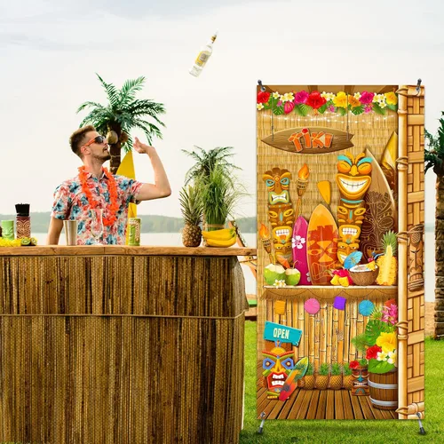 Vista 4 de Blulu Hawaiian Luau - Decoración de fiesta de Tiki para puerta, cartel de puerta de tótem, cartel tropical Aloha, telón de fondo hawaiano de verano