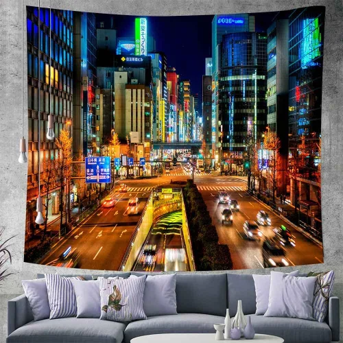 Vista 4 de Aidatain Tapiz de ciudad japonesa, paisaje urbano de Japón, tapiz de pared, tapiz de escena nocturna de Tokio, tamaño 84 x 90 pulgadas, tapices