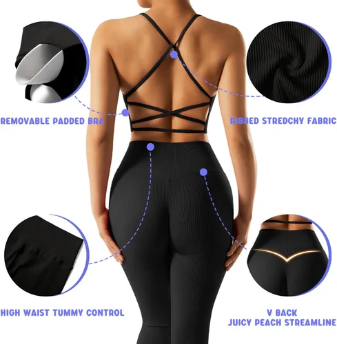 Vista 2 de OMKAGI Conjunto de entrenamiento acanalado para mujer, sin costuras, brasier deportivo con tiras y levantamiento de glúteos