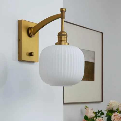 Vista 4 de Pathson Milk White Glass Wall Sconce with Switch, Hardwired Wall Vanity Light, Mid-Century Vintage Wall Lamp Fixture or Living Room Farmhouse