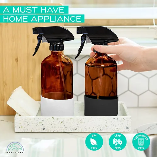 Vista 6 de SAVVY PLANET Botellas vacías de vidrio ámbar con protección de funda de silicona, recipientes recargables de 16 onzas para productos de limpieza
