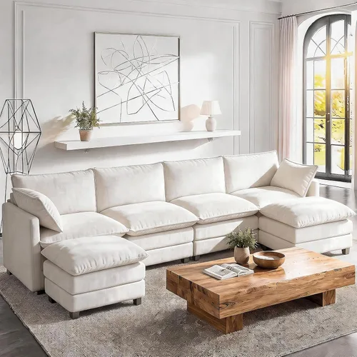 Vista 13 de LEVELEVE Sofá modular en forma de L de 112 pulgadas con 1 otomana, cama convertible de nube de asiento profundo, 3 cojines de 2 brazos, muebles Gris
