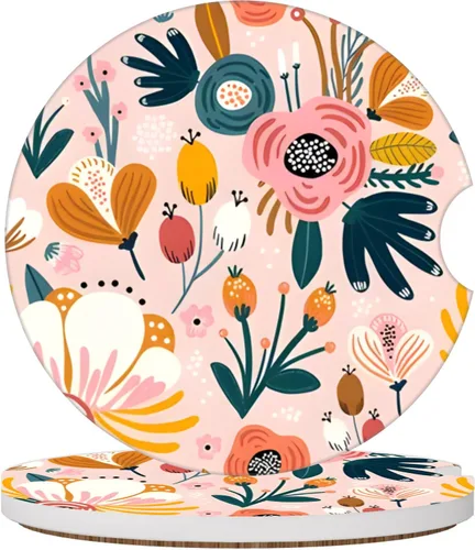 Vista 12 de Posavasos de automóvil con diseño de arcoíris y flores beige para portavasos de automóvil, paquete de 2 posavasos para mujeres y hombres, 2.56