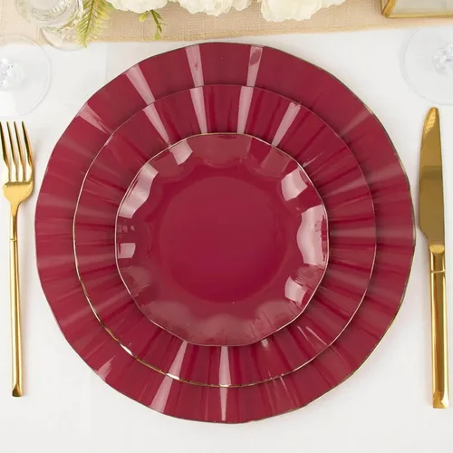 Vista 51 de Efavormart 10 Pack Platos redondos de plástico negro de 6" para postre y ensalada, platos desechables para aperitivos con borde ondulado dorado