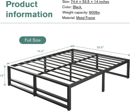 Vista 2 de MUTICOR Base de cama matrimonial de plataforma de metal de 14 pulgadas con fuerte soporte de listones de acero, suficiente espacio