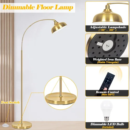 Vista 3 de Lámparas de pie doradas para sala de estar - Lámparas de pie de arco con bombilla de 9W, pantalla de metal ajustable 360°, lámpara de pie regulable