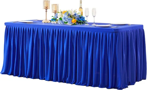 Vista 8 de Manteles de poliéster negro para mesas rectangulares de 4 pies, cubierta de mesa ajustada sin arrugas con falda de mesa plisada con volantes