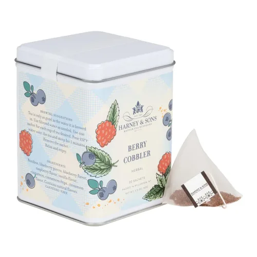 Vista 2 de Harney & Sons Berry Cobbler Rooibos Tea, 20 sobres en lata Té de hierbas Rooibos con sabores de arándanos, frambuesa, vainilla y canela.