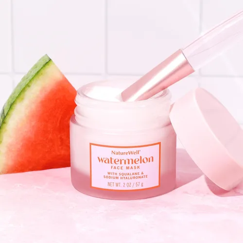 Vista 8 de NATURE WELL Mascarilla facial de sandía, enriquecida con agua hidratante de fruta de sandía y escualano derivado de plantas, promueve una tez