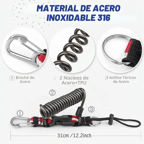 Vista 3 de Cordón de buceo, cordón en espiral de acero inoxidable resistente con hebilla de liberación rápida y correa de banda de bandera de buceo para Negro