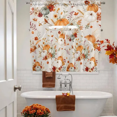 Vista 6 de Thanksgiving Fall Swag Kitchen Curtain Sets with Valance, Orange White Pumpkins 3 Pieces Curtain Drapes Rod Pocket for Bedroom Living Room Bathroom