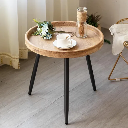 Vista 9 de Tiita Mesa auxiliar redonda mental, mesita de noche, mesas pequeñas de madera, mesa de centro con bandeja de madera para sala de estar, dormitorio