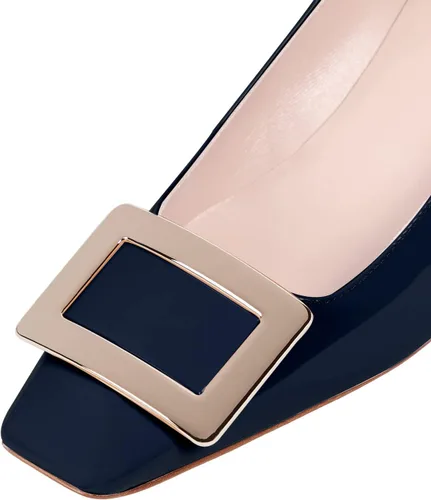 Vista 5 de JiaBinji Zapatos de tacón bajo con hebilla de metal para mujer, con puntera cuadrada cerrada, sin cordones, gruesos, estilo gatito, zapatos casuales