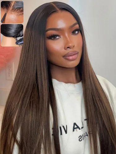 Vista 42 de KLAIYI Peluca de cabello humano con encaje frontal precortada 7x5, corte Bob en capas, corte romo, cordón sin pegamento, peluca predepilada