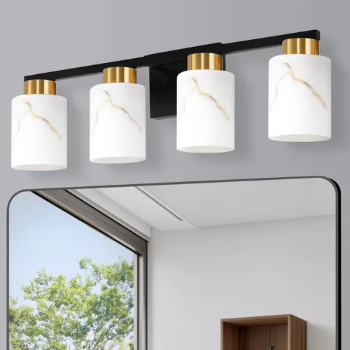 Vista 12 de Juego de 2 apliques de pared dorados con pantalla de vidrio de mármol, accesorios modernos de tocador de baño para dormitorio, pasillo, entrada