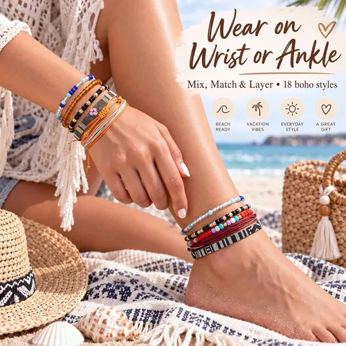 Vista 3 de Yinkin 18 Pcs Boho Surfer Ankle Bracelets for Women Men