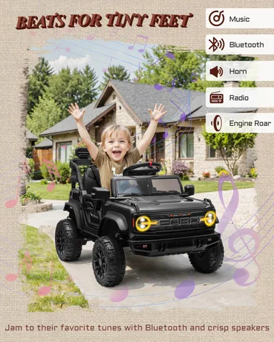 Vista 5 de First Ride On 12V Juguetes de montarse para niños, vehículos eléctricos para niños con licencia Ford Bronco Raptor, coche a batería para niños