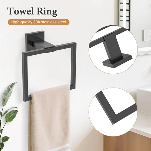 Vista 2 de TURS Juego de 3 toalleros negros con anillo para toallas, gancho para toallas de baño, de acero inoxidable, montaje en pared.