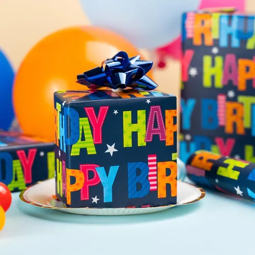 Vista 3 de Garbendy Papel de regalo de cumpleaños – Mini rollo – 17 pulgadas x 16.5 pies – Coloridas letras felices en papel azul papel de regalo perfecto