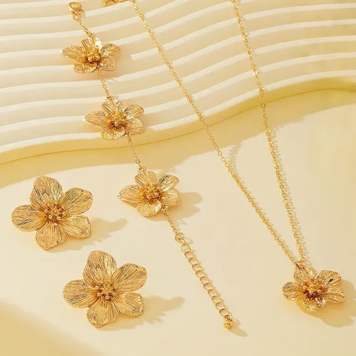 Vista 6 de Juego de joyas de flores doradas para mujer, delicado collar de flores doradas, aretes de flores bohemios para mujer, regalos de joyería floral