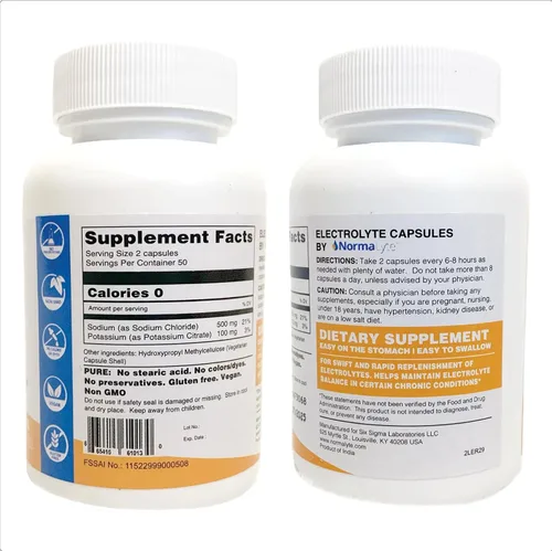 Vista 2 de NormaLyte Cápsulas de electrolitos, 100 unidades, pastillas de sal de hidratación Clinically studied formula, Unflavored, Hydration support, 500mg