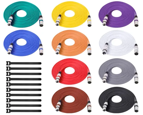 Vista 9 de Cable XLR de 10 colores, multicolor XLR macho a hembra, cables de audio de 15 pies, paquete de 10 cables de micrófono XLR equilibrados de 3 pines