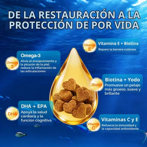 Vista 4 de Suplemento de Omega 3 para piel y pelaje para perros 200 masticables, suplementos de aceite de pescado para perros con ácidos grasos EPA y DHA